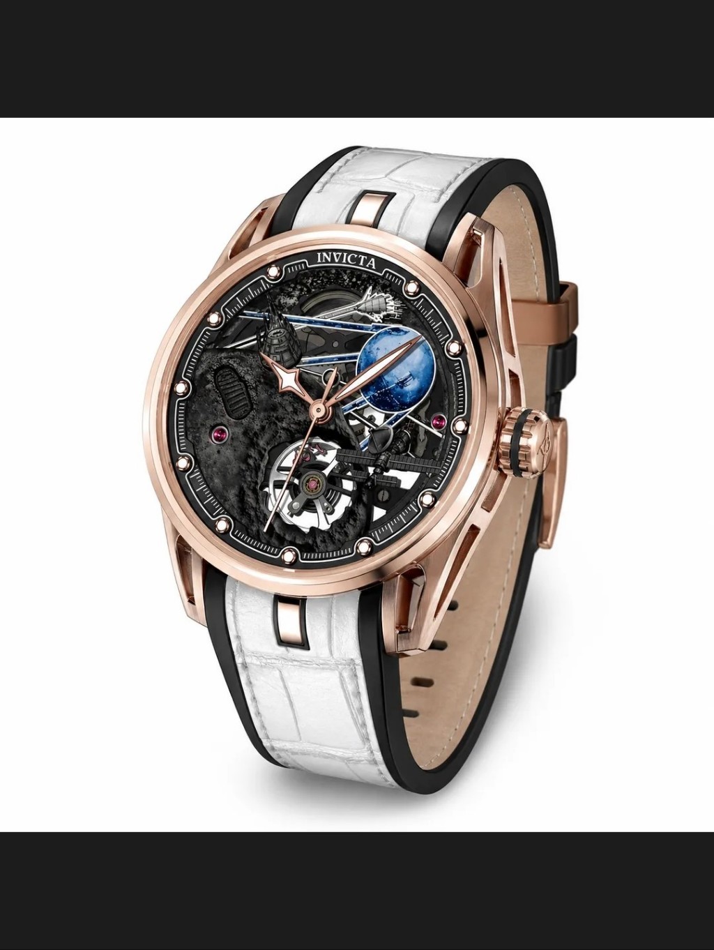 Invicta Rose Gold Buckle Watch With White And Black Strap
